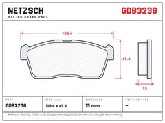 NETZSCH GDB3236 brake pad drawing, 15 mm thick
