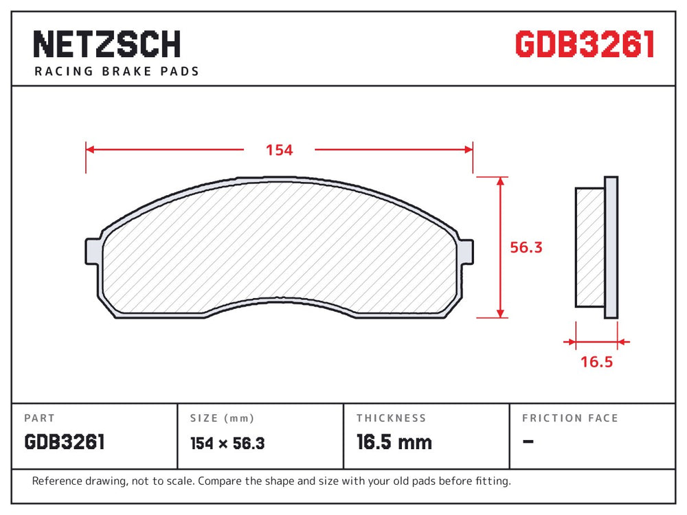NETZSCH GDB3261 brake pad drawing, 16.5 mm thick