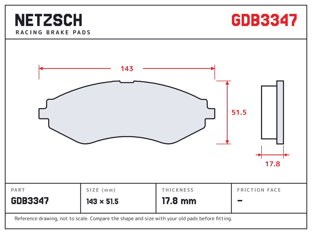 NETZSCH GDB3347 brake pad drawing, 17.8 mm thick