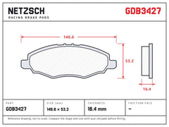 NETZSCH GDB3427 brake pad drawing, 16.4 mm thick