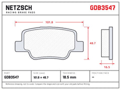 NETZSCH GDB3547 brake pad drawing, 16.5 mm thick