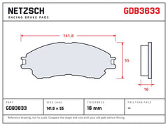 NETZSCH GDB3633 brake pad drawing, 16 mm thick