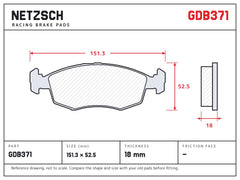 NETZSCH GDB371 brake pad drawing, 18 mm thick