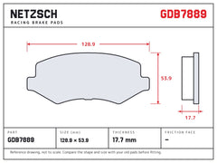 NETZSCH GDB7889 brake pad drawing, 17.7 mm thick