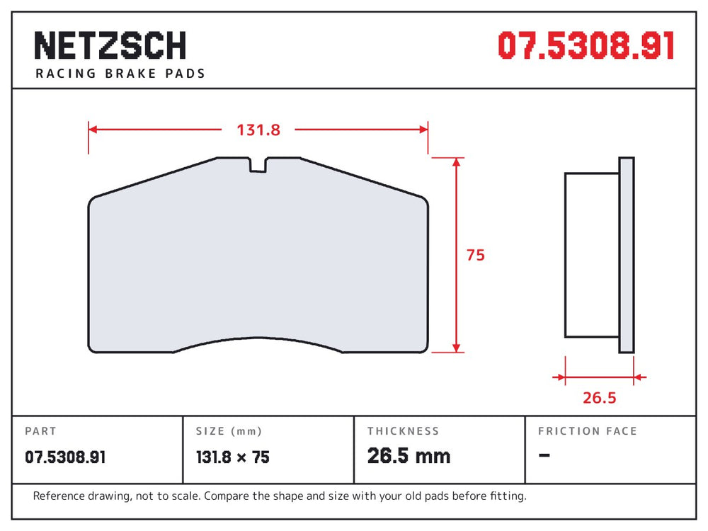 NETZSCH Brembo 07.5308.91 brake pad drawing, 26.5 mm thick