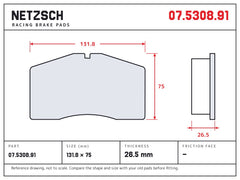 NETZSCH Brembo 07.5308.91 brake pad drawing, 26.5 mm thick