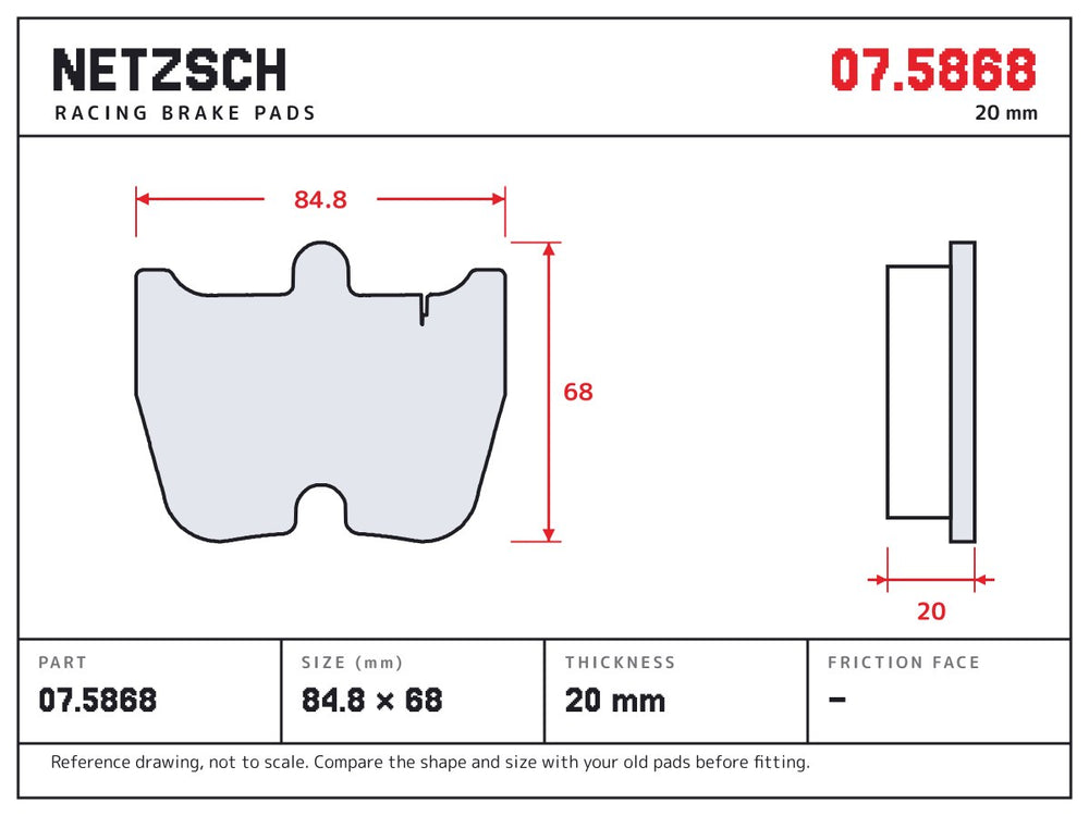 NETZSCH Brembo 07.5868 brake pad drawing, 20 mm thick