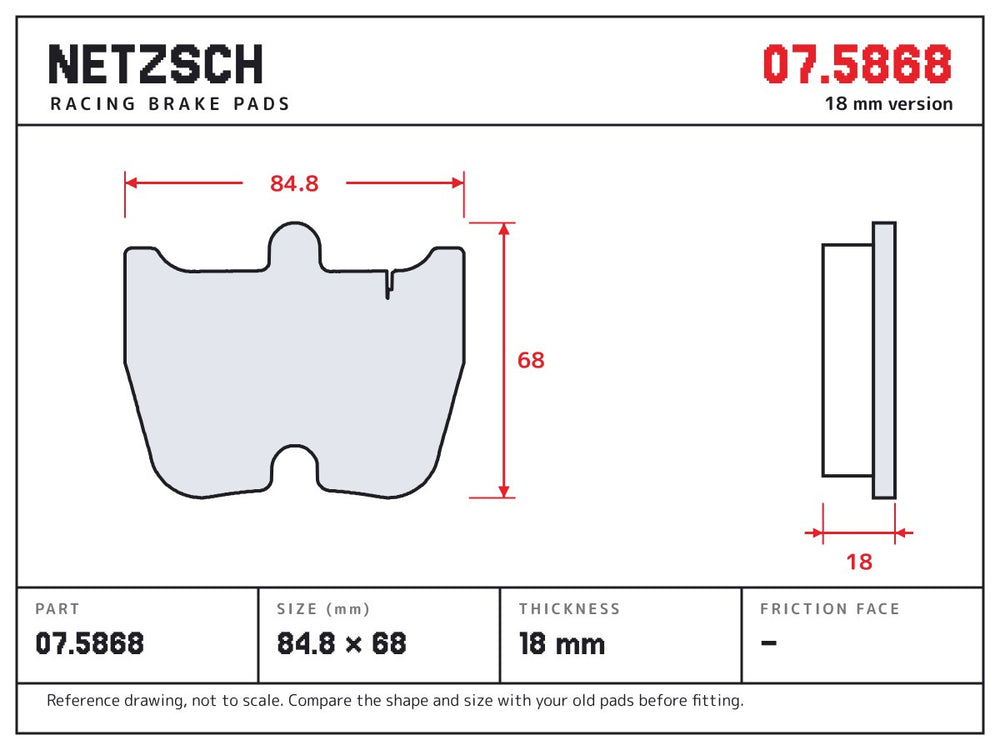 NETZSCH Brembo 07.5868 brake pad drawing, 18 mm thick