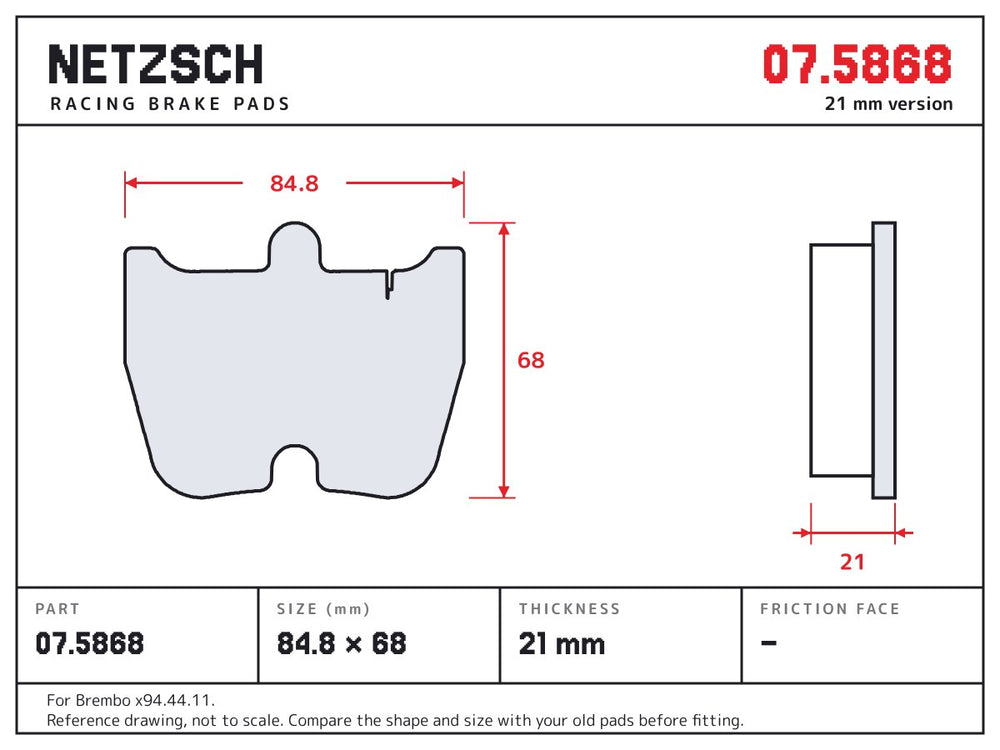 NETZSCH Brembo 07.5868 brake pad drawing, 21 mm thick