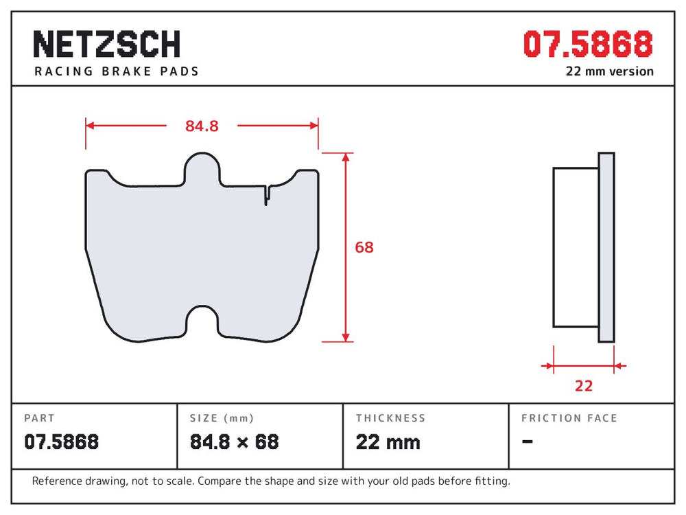 NETZSCH Brembo 07.5868 brake pad drawing, 22 mm thick