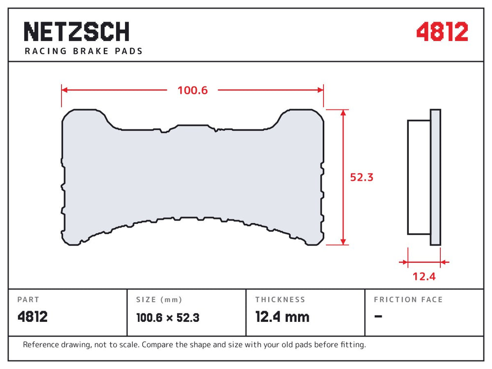 NETZSCH Wilwood 4812 brake pad drawing, 12.4 mm thick