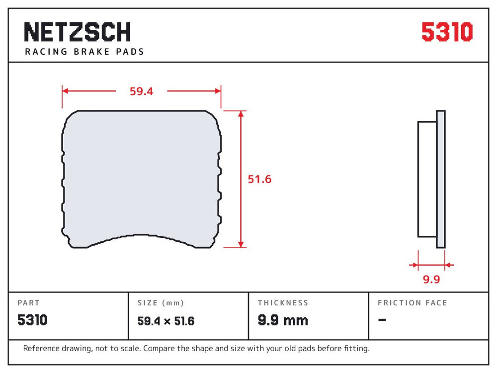 NETZSCH Wilwood 5310 brake pad drawing, 9.9 mm thick