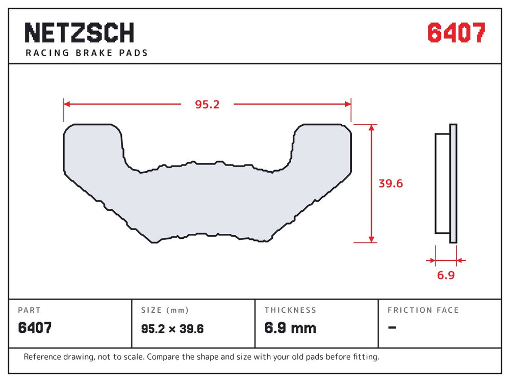 NETZSCH Wilwood 6407 brake pad drawing, 6.9 mm thick