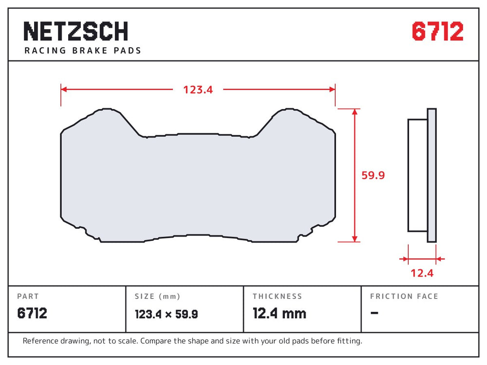 NETZSCH Wilwood 6712 brake pad drawing, 12.4 mm thick