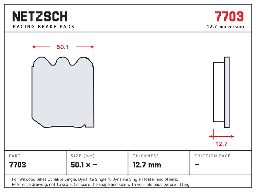 NETZSCH PFC 7703 brake pad drawing, 12.7 mm thick
