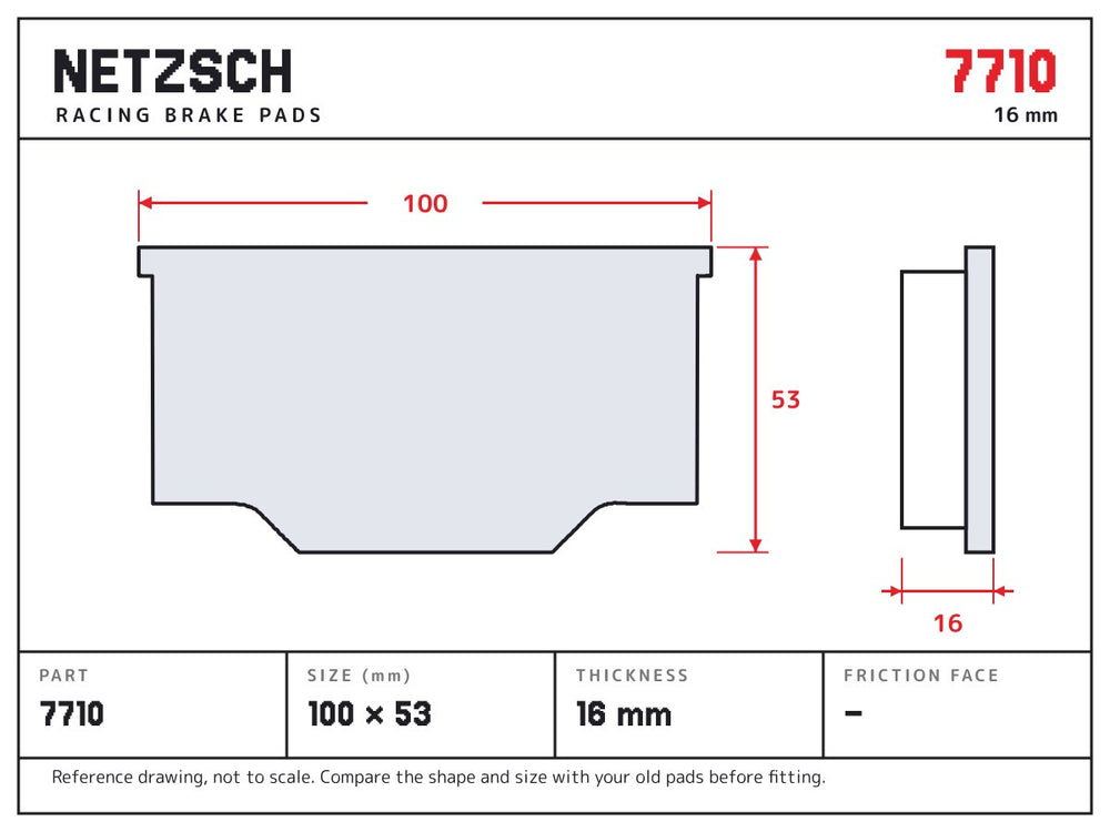 NETZSCH PFC 7710 brake pad drawing, 16 mm thick