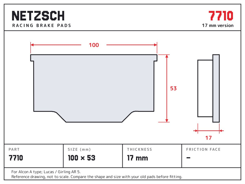 NETZSCH PFC 7710 brake pad drawing, 17 mm thick
