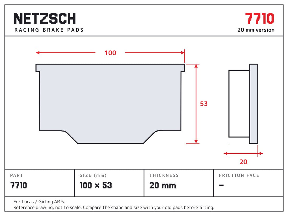 NETZSCH PFC 7710 brake pad drawing, 20 mm thick