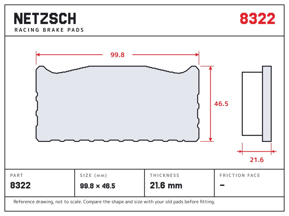NETZSCH Wilwood 8322 brake pad drawing, 21.6 mm thick