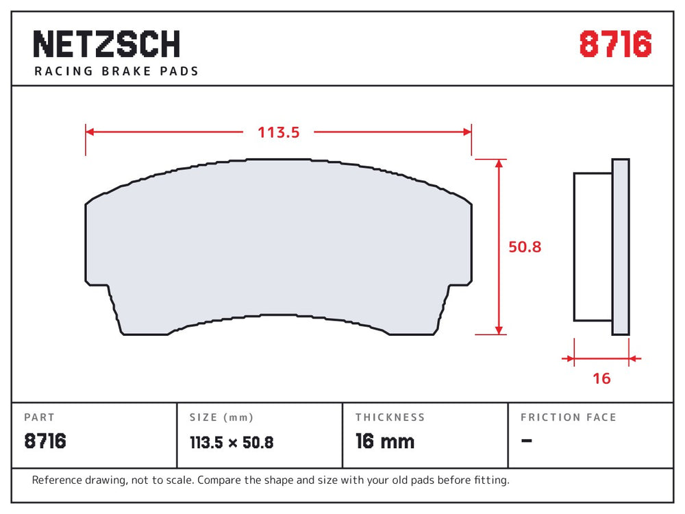 NETZSCH Wilwood 8716 brake pad drawing, 16 mm thick