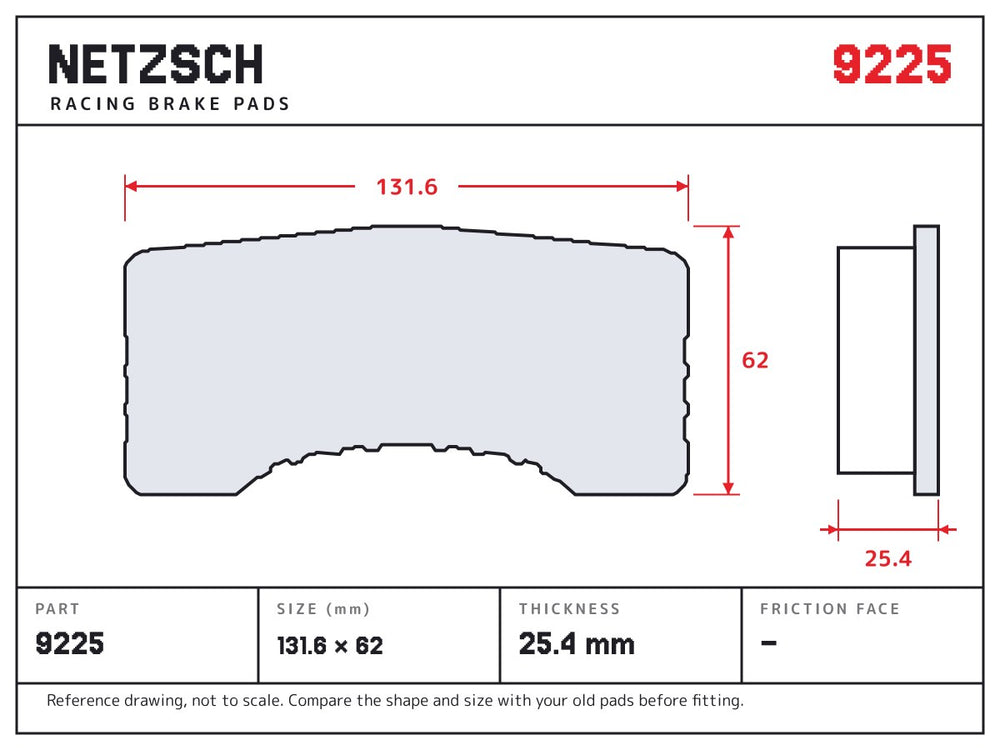 NETZSCH Wilwood 9225 brake pad drawing, 25.4 mm thick