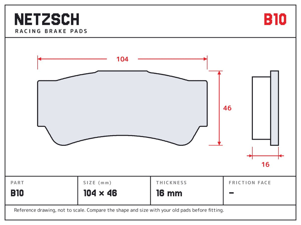 NETZSCH Brembo B10 brake pad drawing, 16 mm thick