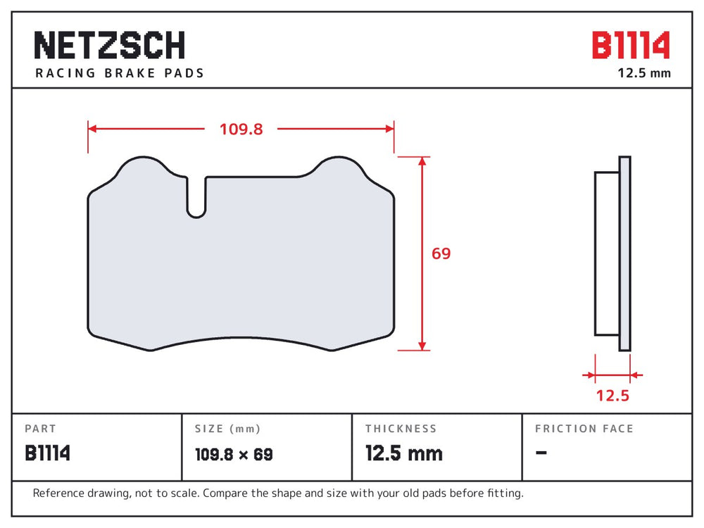 NETZSCH Brembo B1114 brake pad drawing, 12.5 mm thick