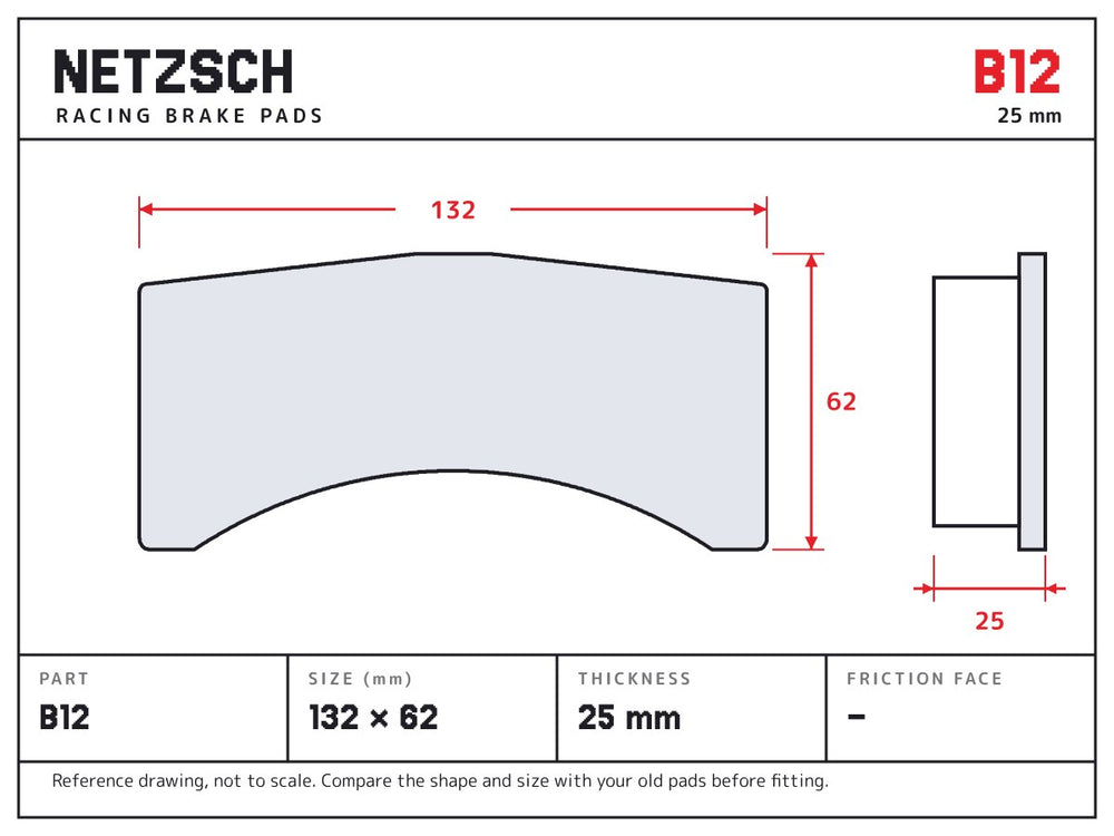 NETZSCH Brembo B12 brake pad drawing, 25 mm thick