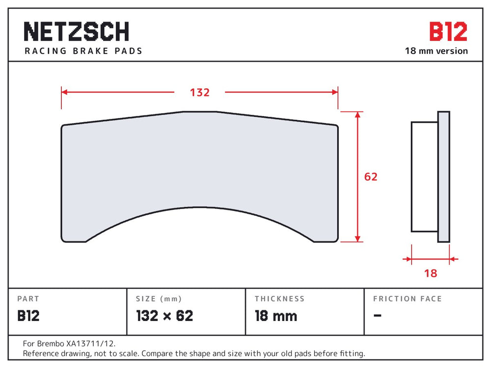 NETZSCH Brembo B12 brake pad drawing, 18 mm thick