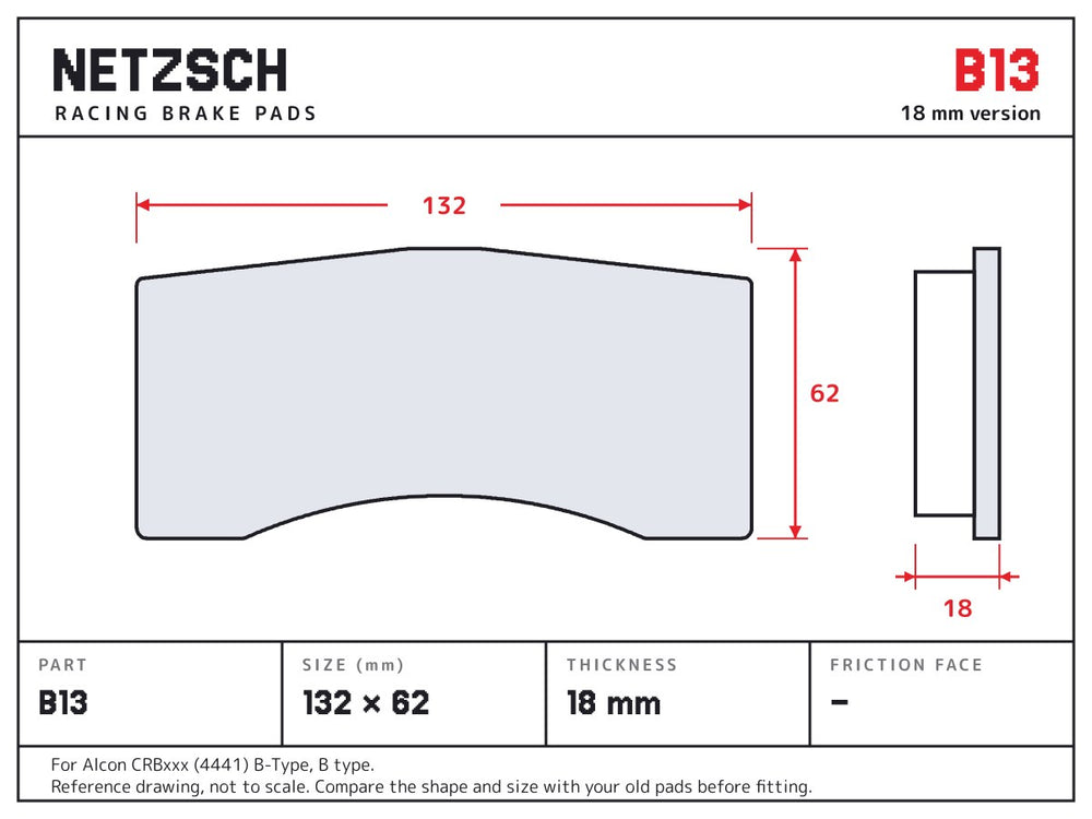 NETZSCH Brembo B13 brake pad drawing, 18 mm thick