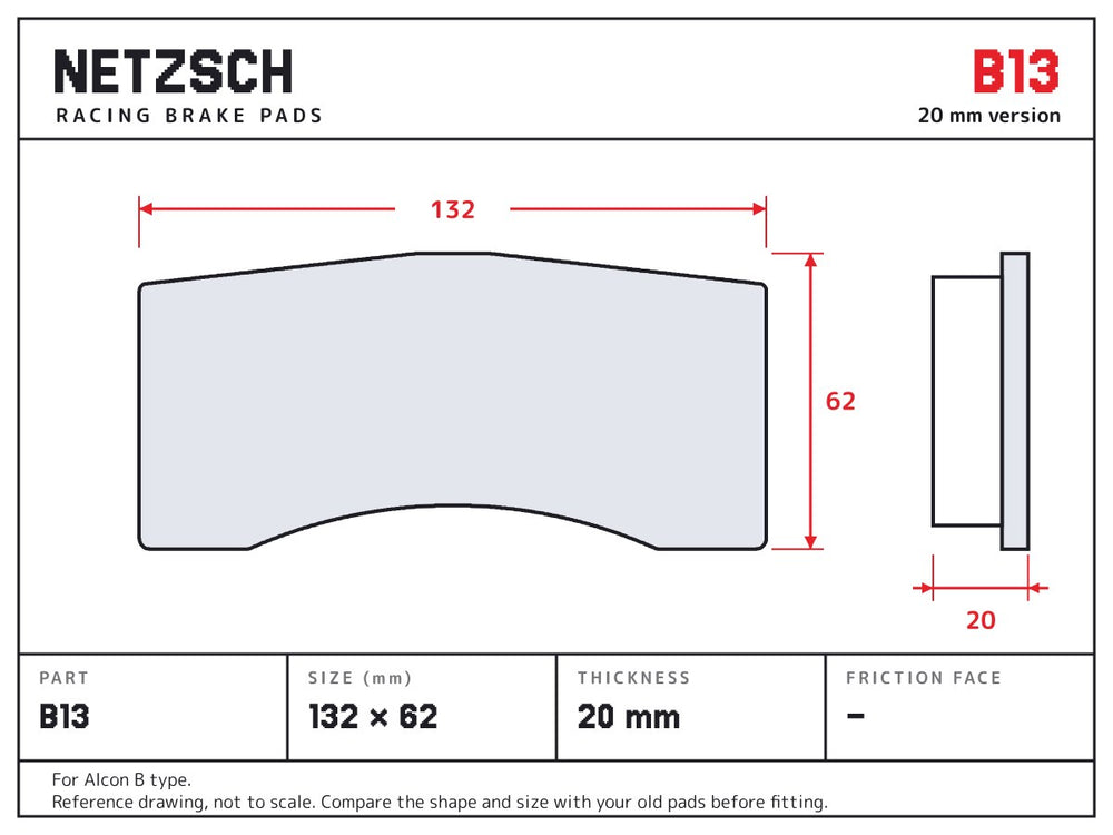 NETZSCH Brembo B13 brake pad drawing, 20 mm thick