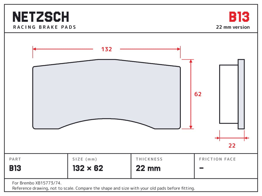 NETZSCH Brembo B13 brake pad drawing, 22 mm thick
