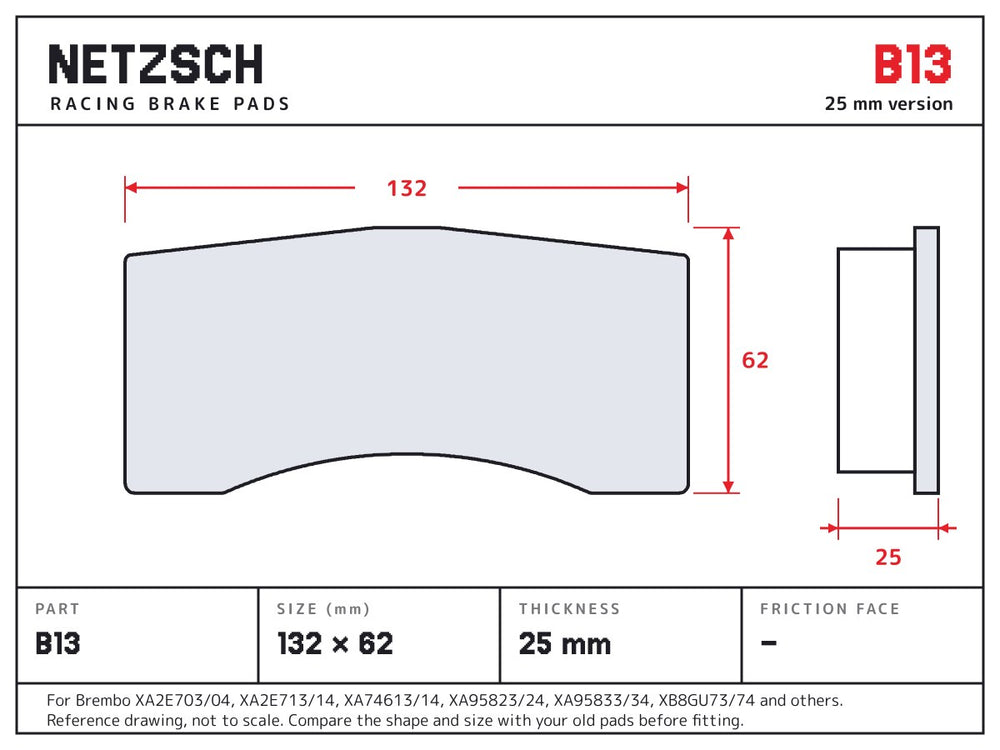 NETZSCH Brembo B13 brake pad drawing, 25 mm thick