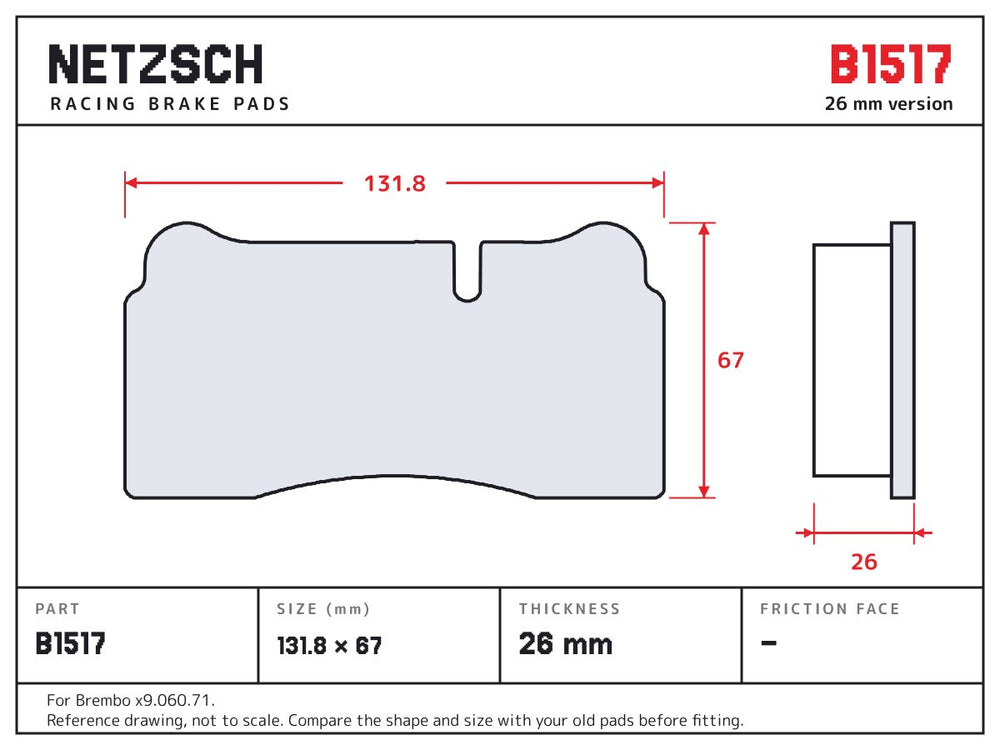 NETZSCH Brembo B1517 brake pad drawing, 26 mm thick