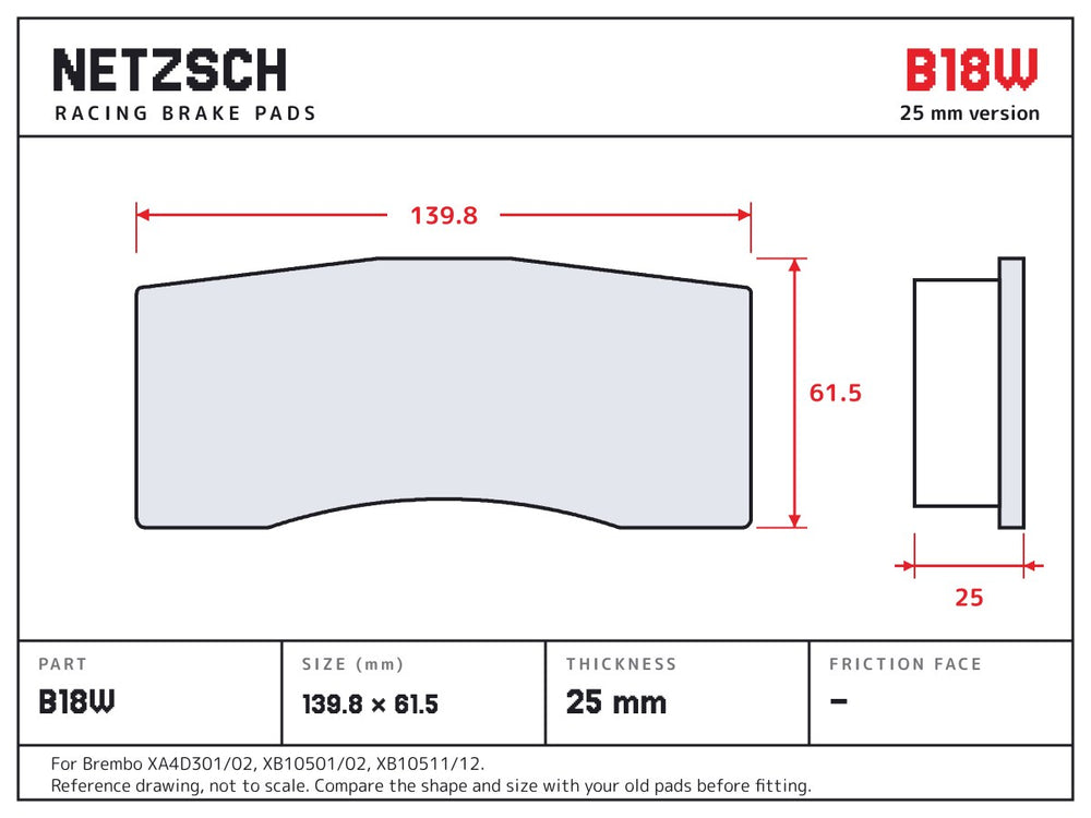 NETZSCH Brembo B18W brake pad drawing, 25 mm thick