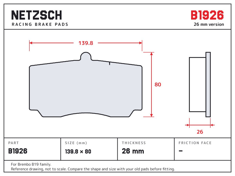 NETZSCH Brembo B1926 brake pad drawing, 26 mm thick