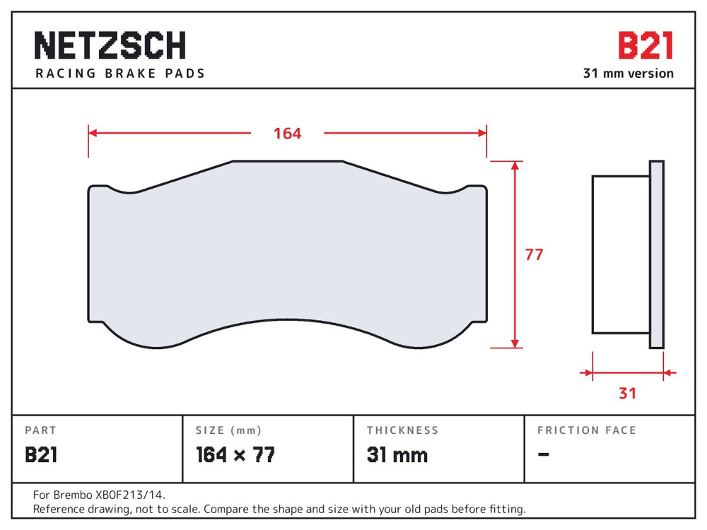 NETZSCH Brembo B21 brake pad drawing, 31 mm thick
