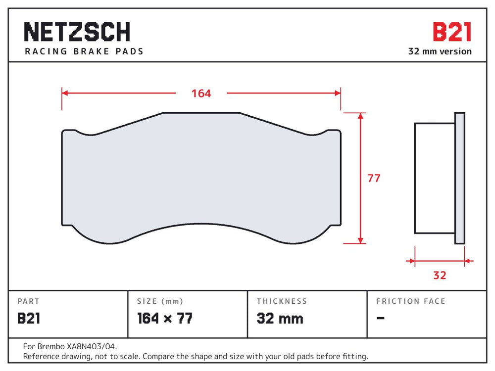 NETZSCH Brembo B21 brake pad drawing, 32 mm thick