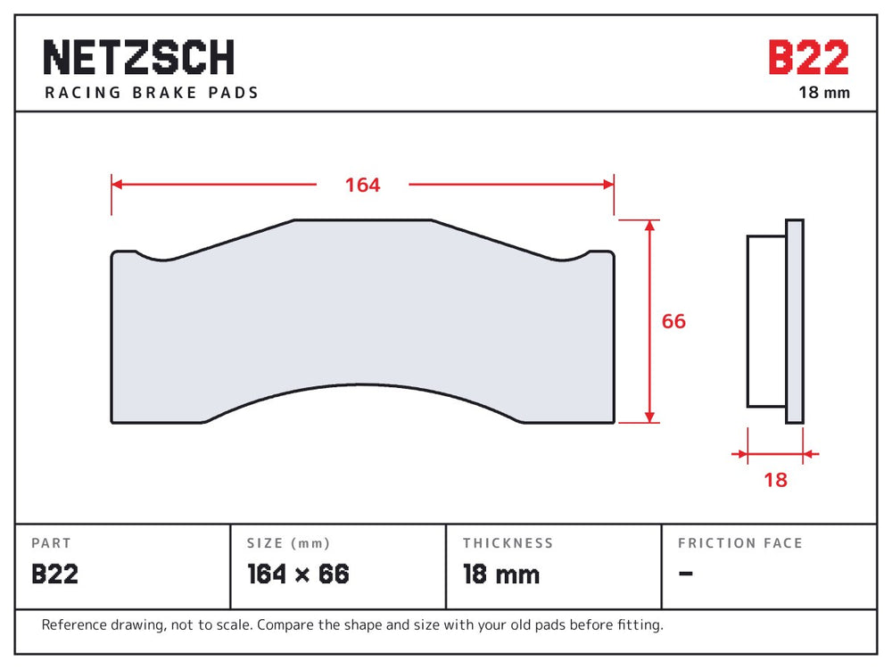 NETZSCH Brembo B22 brake pad drawing, 18 mm thick
