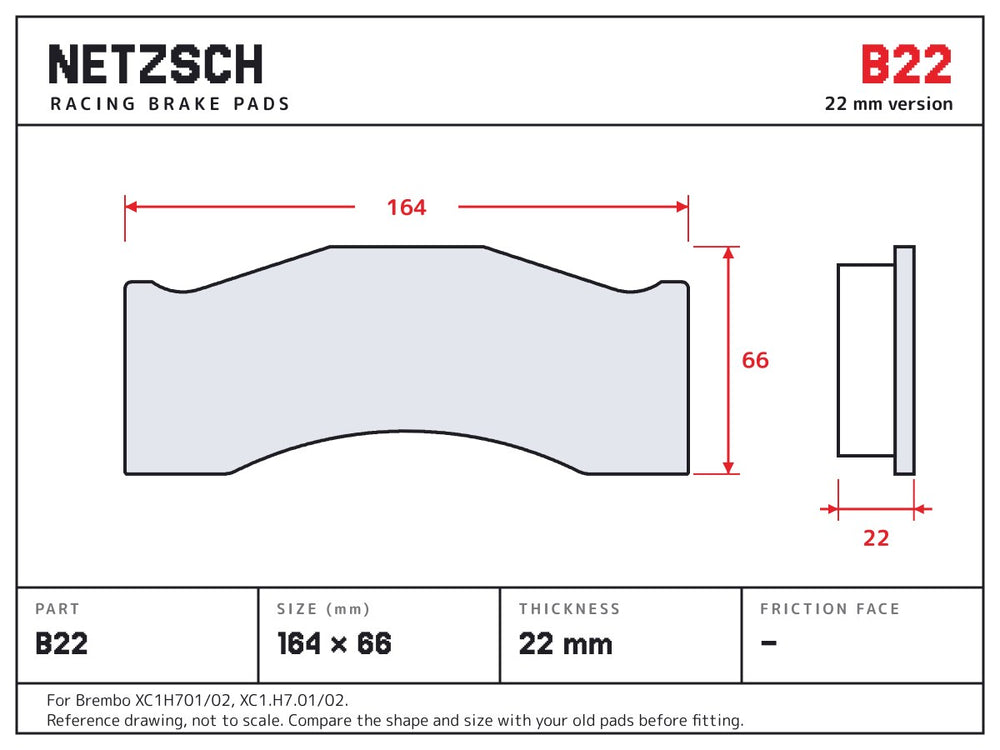 NETZSCH Brembo B22 brake pad drawing, 22 mm thick