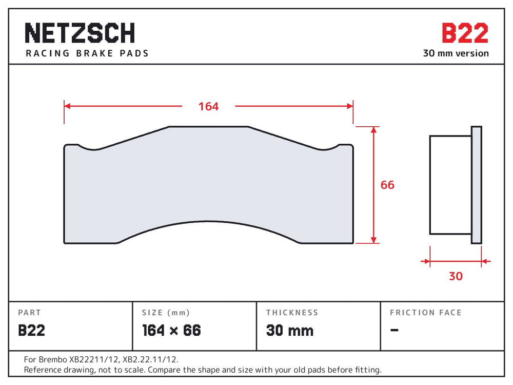 NETZSCH Brembo B22 brake pad drawing, 30 mm thick