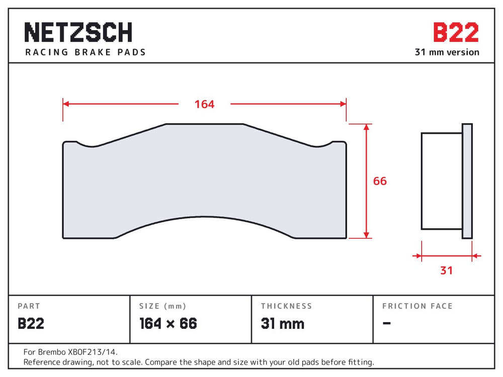 NETZSCH Brembo B22 brake pad drawing, 31 mm thick