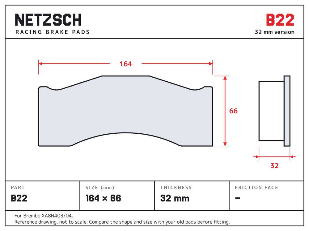 NETZSCH Brembo B22 brake pad drawing, 32 mm thick
