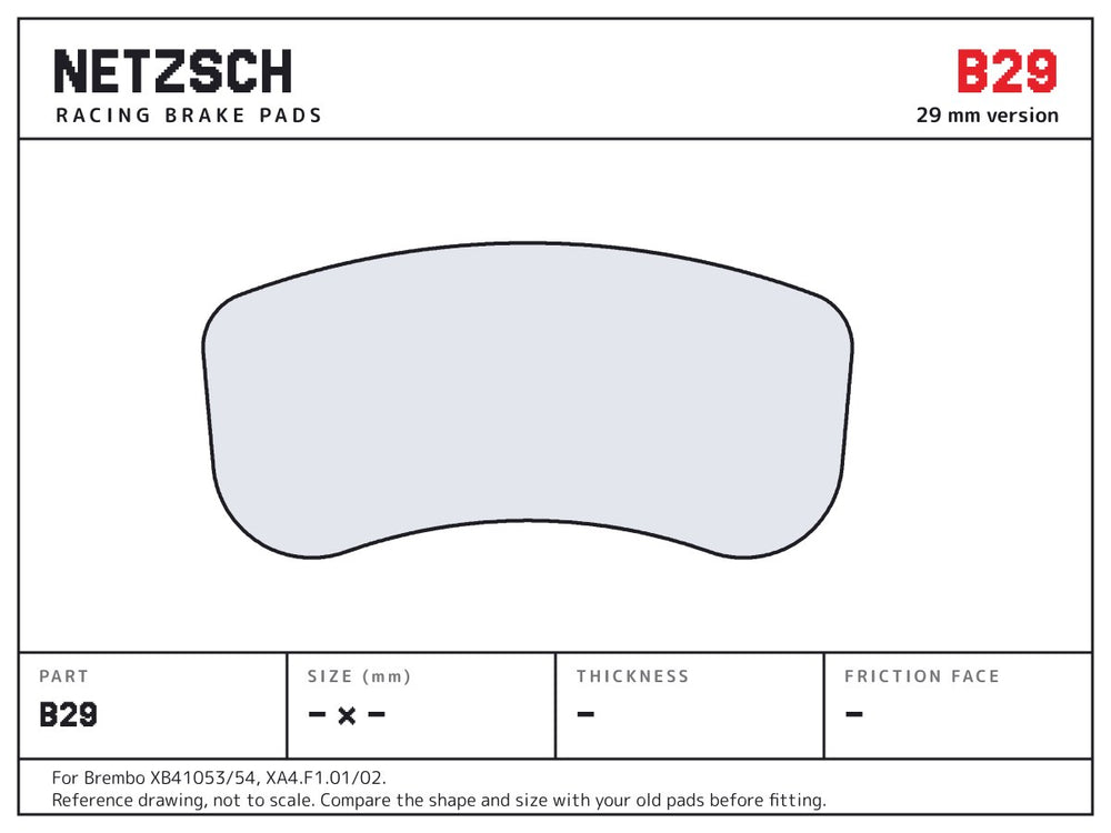 NETZSCH Brembo B29 brake pad drawing, 29 mm thick