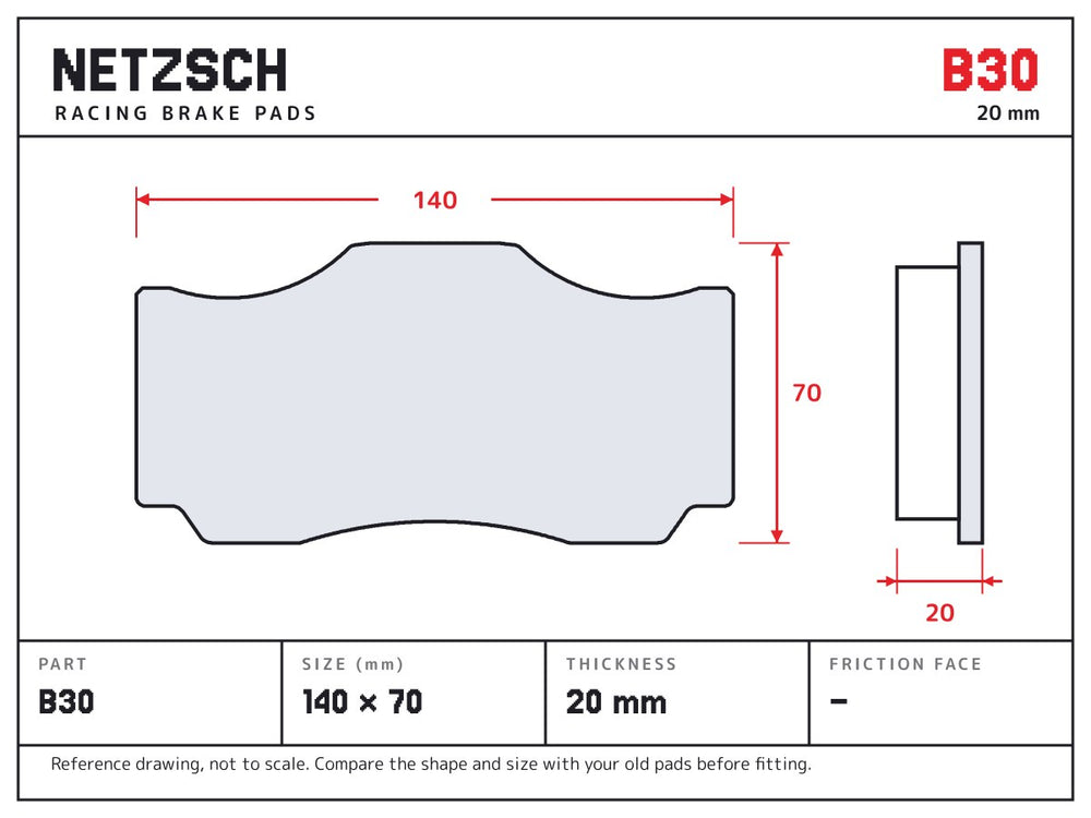 NETZSCH Brembo B30 brake pad drawing, 20 mm thick
