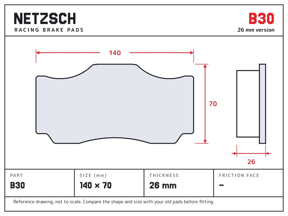 NETZSCH Brembo B30 brake pad drawing, 26 mm thick