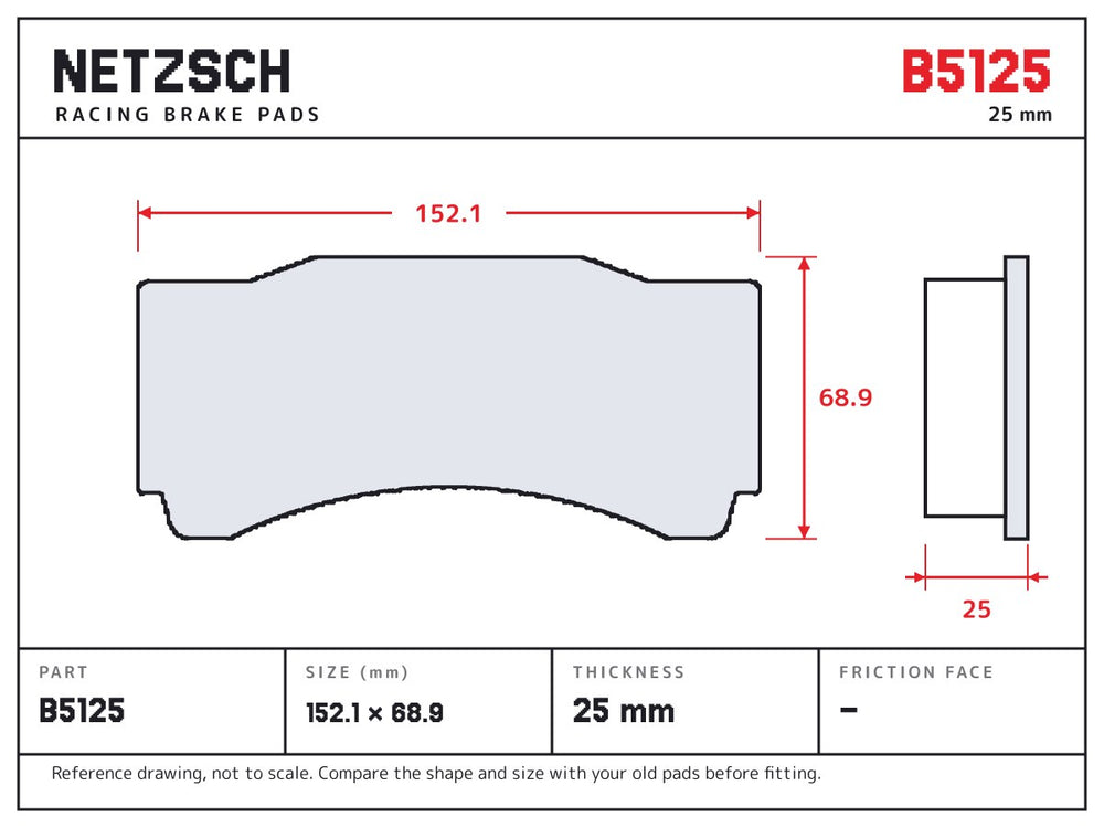 NETZSCH Brembo B5125 brake pad drawing, 25 mm thick