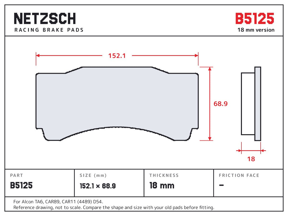 NETZSCH Brembo B5125 brake pad drawing, 18 mm thick