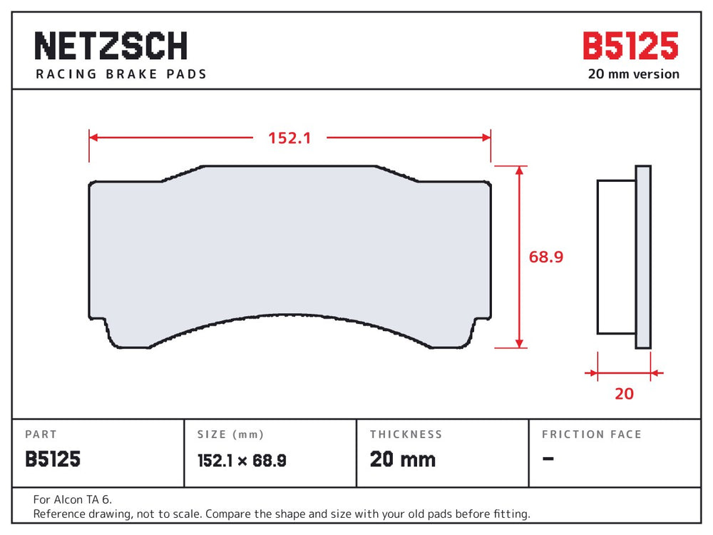 NETZSCH Brembo B5125 brake pad drawing, 20 mm thick