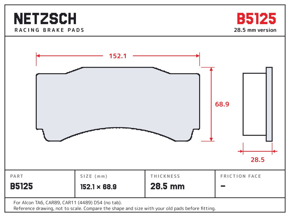 NETZSCH Brembo B5125 brake pad drawing, 28.5 mm thick